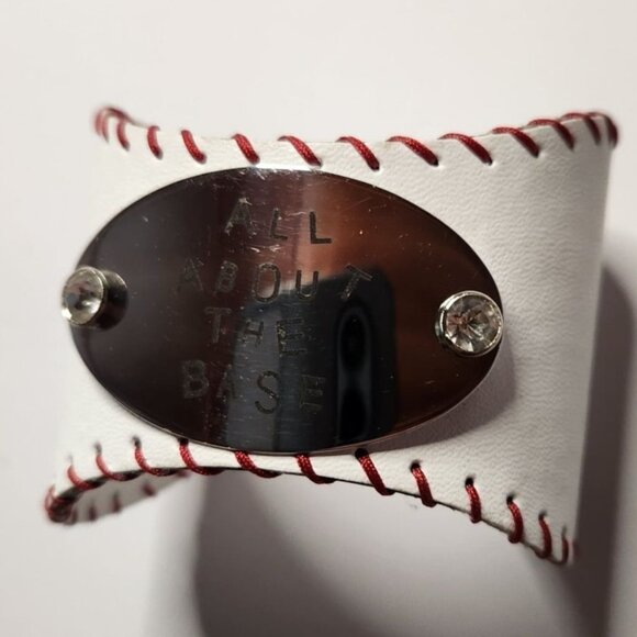 White Baseball Cuff Bracelet With "All About The Base" Metal Plate Red Stitching - Picture 1 of 5